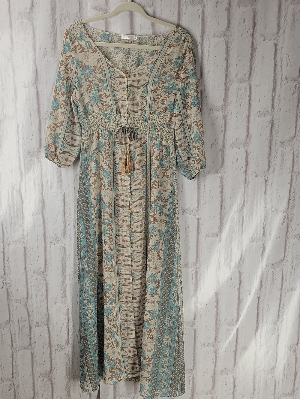 Boho Floral Maxi Dress in Cream and Light Blue with Smocked Waist